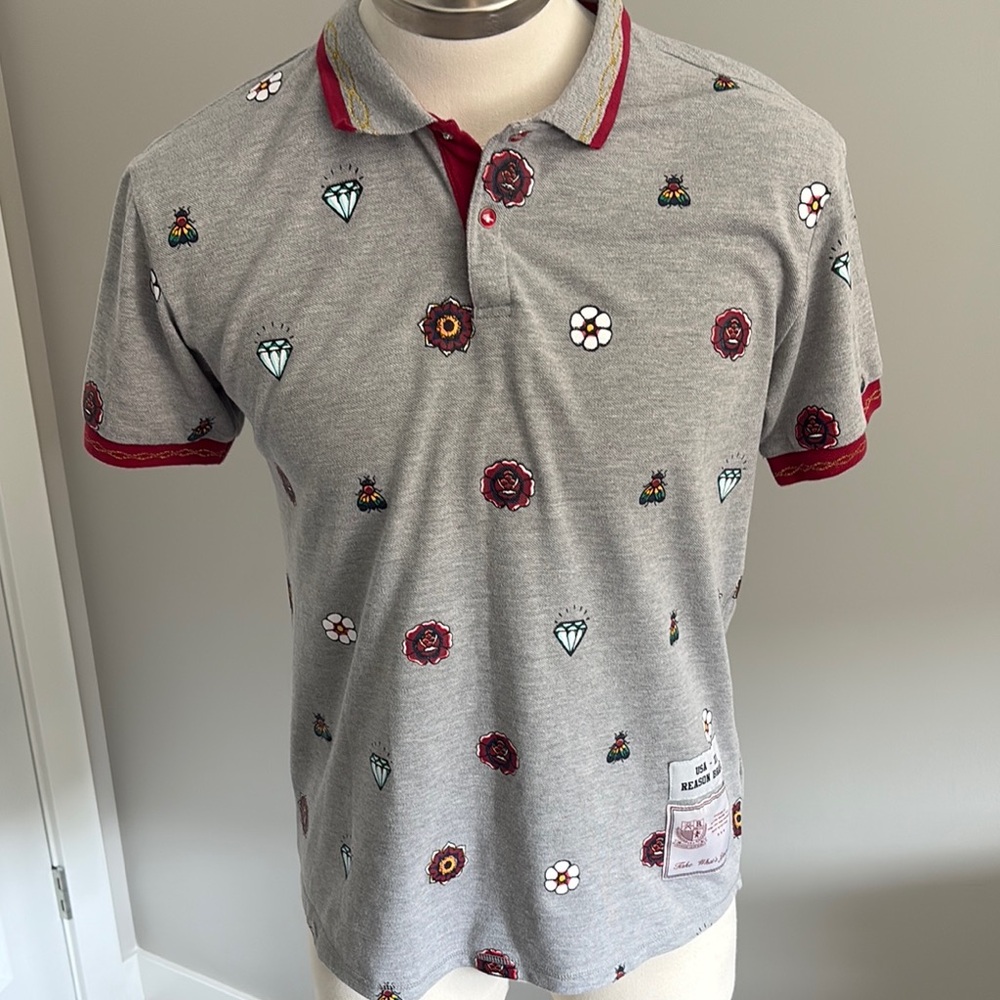 Reason Gray Polo Shirt with Red Trim and Sporty Pattern